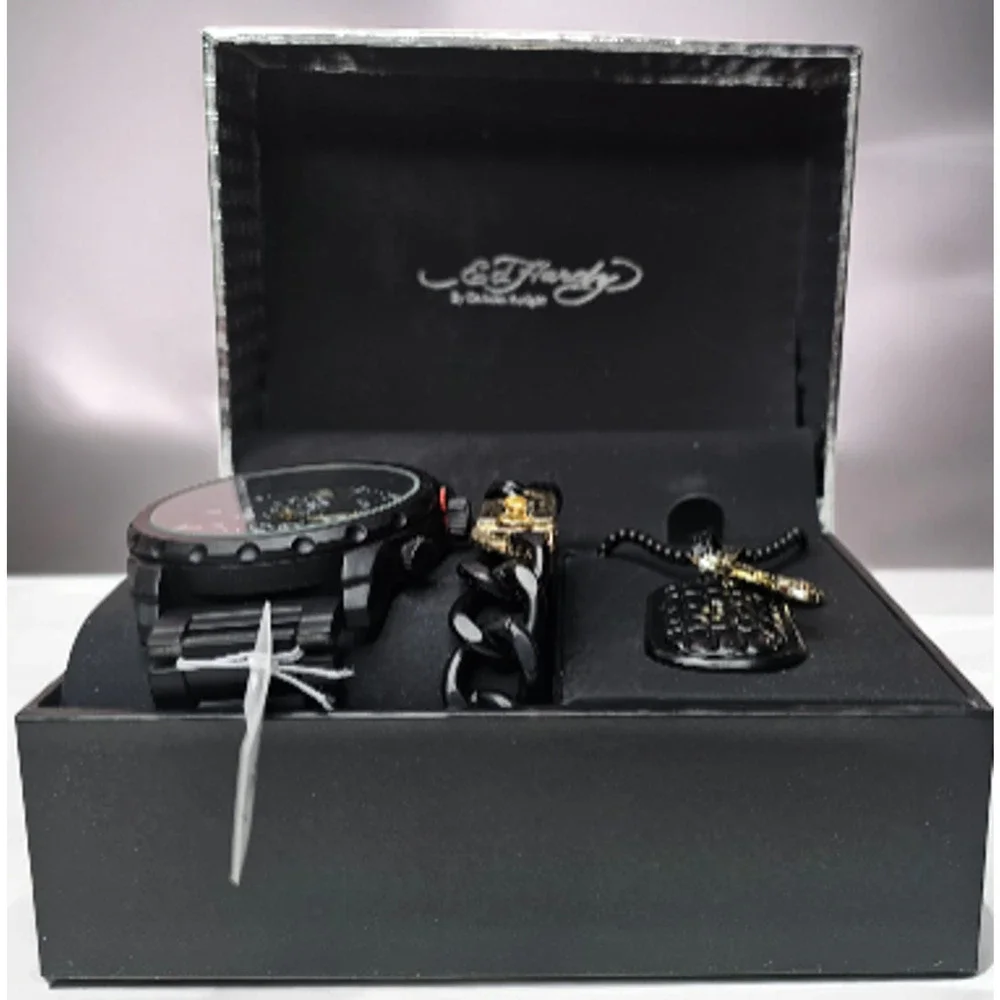 Ed Hardy Men's Matte Black Metal Bracelet Watch 50mm Gift Set NWT - Picture 2 of 7